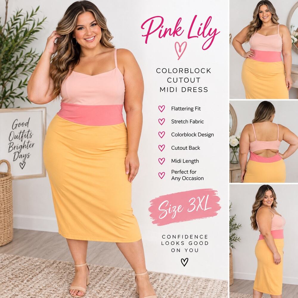Pink Lily Colorblock Cutout Bodycon Midi Dress Pink Orange 3XL NWT